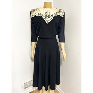 Nancy Johnson Vintage Black Midi Dress Detachable Cream Lace Collar Medium USA